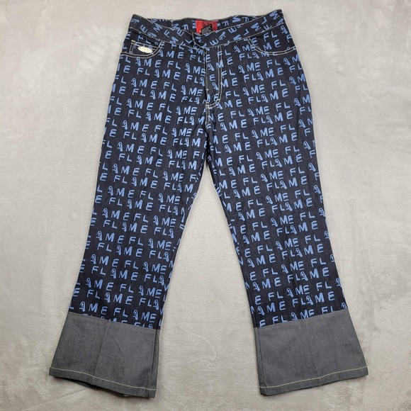 Johnny Blaze Pants Womens 11/12 Flame Blue All Over Print Y2K Streetwear Denim - Picture 1 of 10